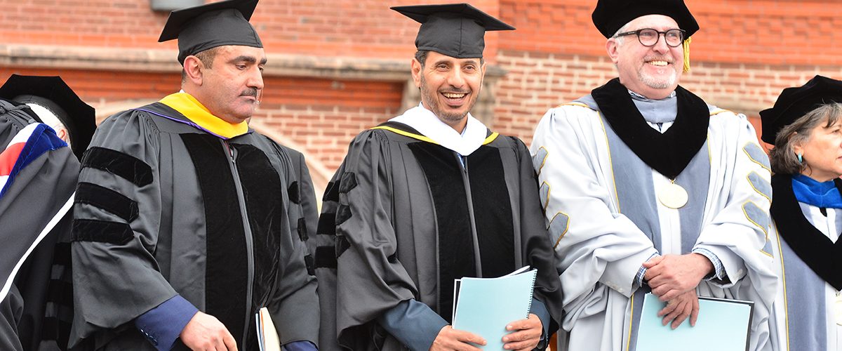 Qatar Prime Minister Abdulla Bin Nasser Bin Khalifa Al Thani, center, and Qatar Brigadier General Mohamed A. AL Nassr, left, were honored guests at Saturday’s CU Denver commencement ceremony. Pictured at right is CU Regent Stephen Ludwig.