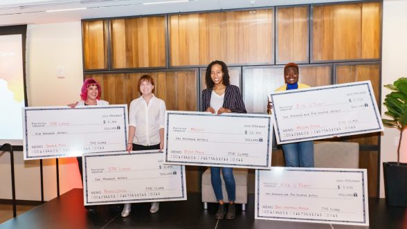 Winners of THE CLIMB Startup Pitch Competition posing with their respective prizes. From left to right are: STR Linens team, 2nd place winner, Maluti, 1st Place Winner, and File l'Espoir Best Healthcare and Mission Driven Award Winner